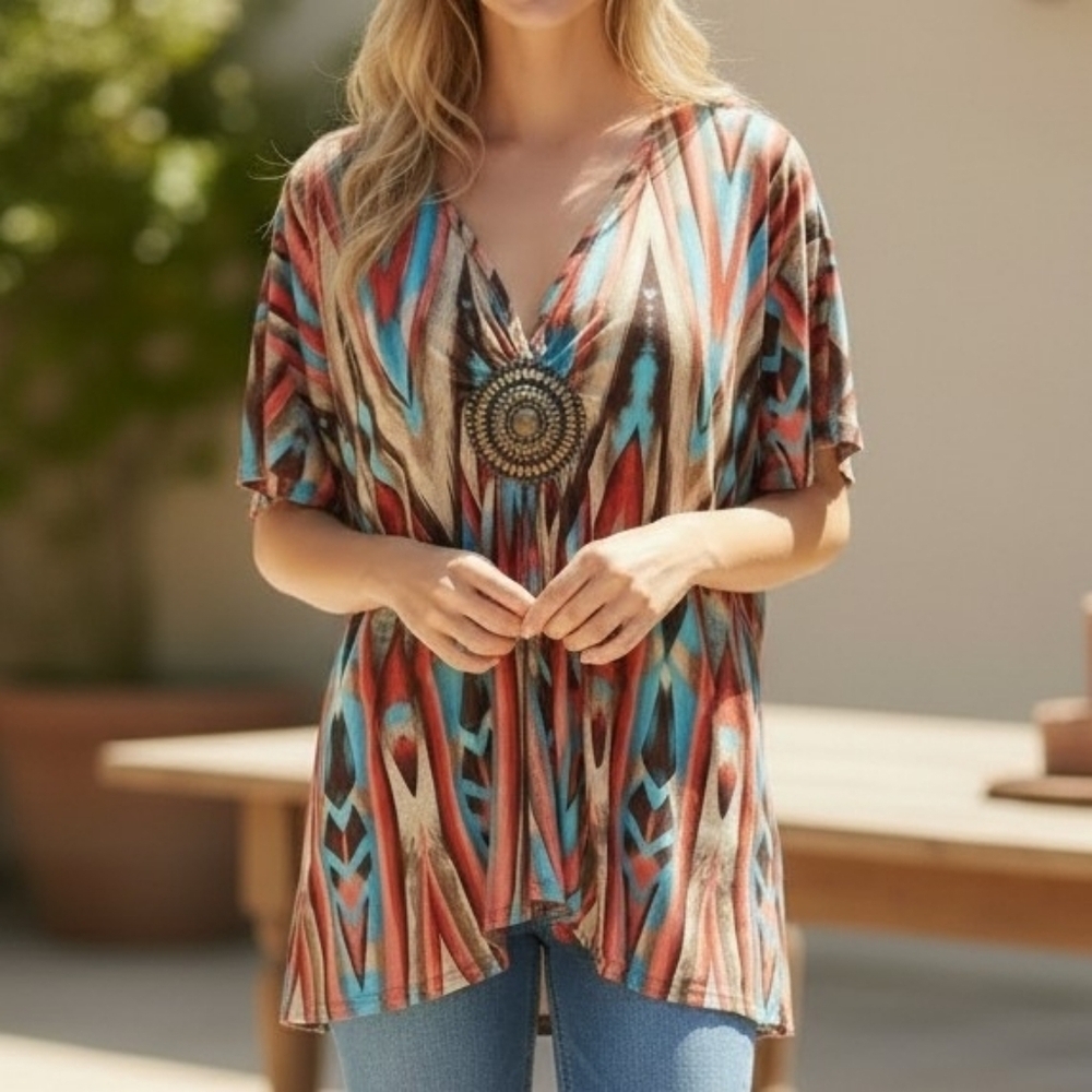Dots Women's Multi Color Embellished V-neck Stretch Soft  Blouse Plus Size 3X